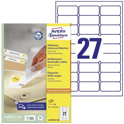 Avery-Zweckform L4737REV-100 Universele etiketten 63.5 x 29.6 mm Papier Wit 2700 stuk(s) Weer verwijderbaar Inkjet, Laser (zwart/wit), Laser (kleur), Kopiëren Avery-Zweckform L4737REV-100 Universele etiketten 63.5 x 29.6 mm Papier Wit 2700 stuk(s) Weer verwijderbaar Inkjet, Laser (zwart/wit), Laser (kleur), Kopiëren