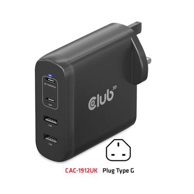 club3D CAC-1912 Laptop netvoeding 100 W 2x USB-A, 2x USB-C USB PD Zwart Binnen GaN, USB Power Delivery (USB-PD)