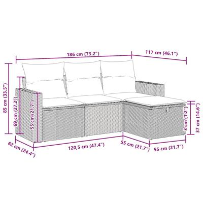 4-delige Loungeset met kussens poly rattan bruin