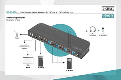 Digitus DS-12890 KVM-extender 4 poorten DisplayPort, HDMI Muis, Toetsenbord 3840 x 2160 Pixel