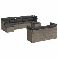10-delige Loungeset met kussens poly rattan grijs - thumbnail