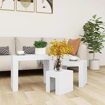 3-delige Tafeltjesset bewerkt hout wit 3-delige Tafeltjesset bewerkt hout wit