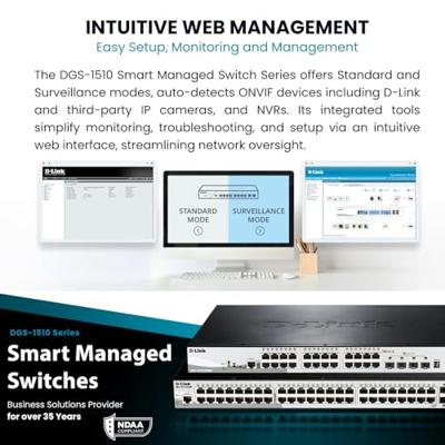 D-Link DGS-1510-28X Smart Managed Gigabit Stack Switch (28 poorten, waarvan 24 x 10/100/1000 Mbit/s, 4 x 10G SFP+).