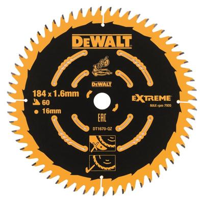 DeWALT Cirkelzaagblad voor Hout | Extreme | Ø 184mm Asgat 16mm 60T - DT1670-QZ DeWALT Cirkelzaagblad voor Hout | Extreme | Ø 184mm Asgat 16mm 60T - DT1670-QZ