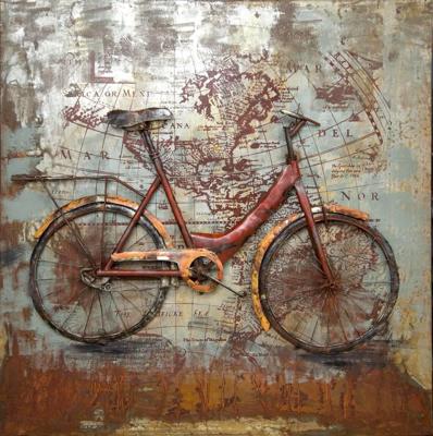 Schilderij - Metaalschilderij - Fietsen om de wereld, 100x100cm