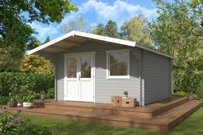 Blokhut Floor 410x410 cm + luifel 130 cm 40 mm vuren lichtgrijs-wit geverfd- - - Van Kooten