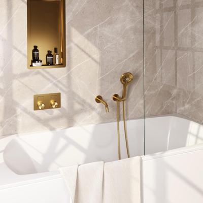 Gold Carving thermostatische inbouw badkraan SET 04, drukknoppen, uitloop, handdouche, doucheslang en wandaansluitbocht (goud geborsteld PVD)