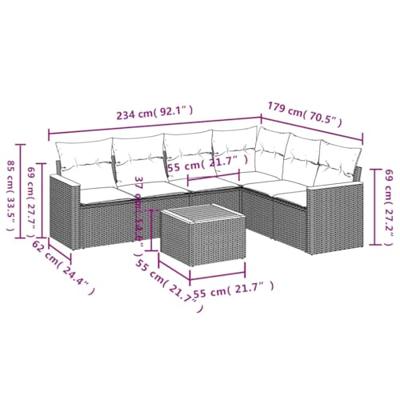 7-delige Loungeset met kussens poly rattan zwart