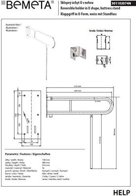 Handgreep U-Vorm Vouwbaar met Steun Sapho Handicap 60 cm Wit