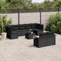 10-delige Loungeset met kussens poly rattan zwart - thumbnail