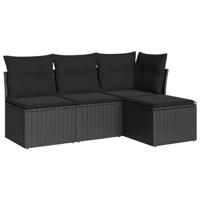 4-delige Loungeset met kussens poly rattan zwart - thumbnail