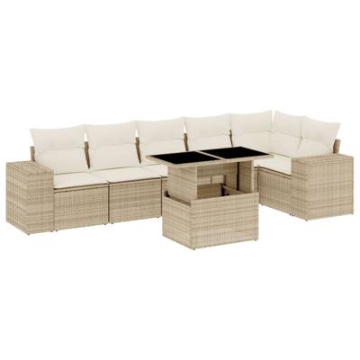 7-delige Loungeset met kussens poly rattan beige