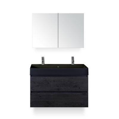 Maxx XL Badmeubelset 100 cm - Black Oak - Wastafel Kube Zwart 2 kraangaten - met Spiegelkast
