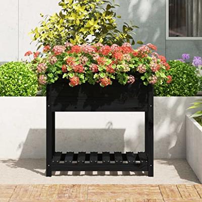 Plantenbak met schap 82,5x54x81 cm massief grenenhout zwart