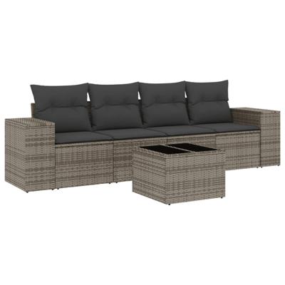 5-delige Loungeset met kussens poly rattan grijs