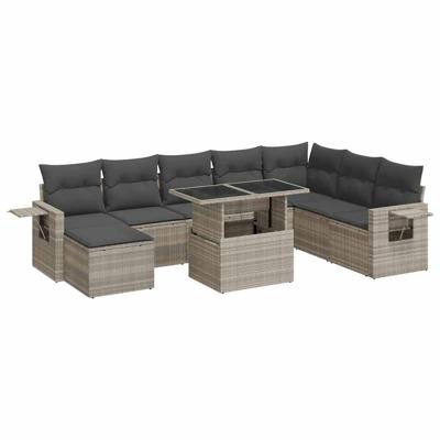 9-delige Loungeset met kussens poly rattan lichtgrijs