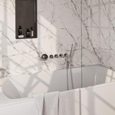 Brauer Stripe thermostatische inbouw badkraan SET 01 met uitloop en staaf handdouche en doucheslang en wandaansluitbocht chroom