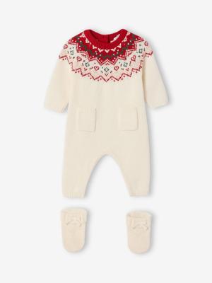 2-delige babyset met tricot babypakje + sokken in thema Kerst ecru