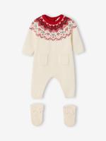 2-delige babyset met tricot babypakje + sokken in thema Kerst ecru - thumbnail