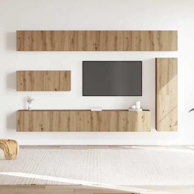 7-delig Tv-meubelset wandmontage bewerkt hout artisanaal eiken