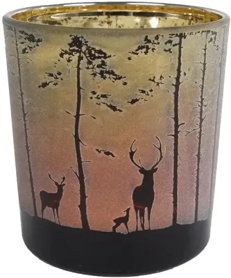 Diversen Theelichthouder forest met afbeelding hert in bos groen/rood glas 7,5x7,5x8cm