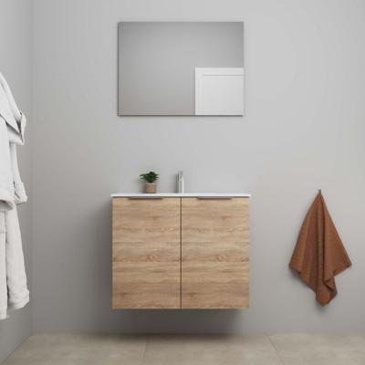 On-Line Badkamermeubelset - 80 cm - Voorgemonteerd - 2 Deuren met Greep - Porseleinen Wastafel - 1 Kraangat - Spiegel - Eiken