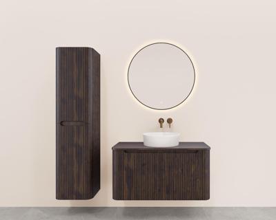 Onderkast Wiesbaden Sulora 100x48 cm Afgeronde Hoeken Geribbeld Met 1 Lade 1 Uitsparing Walnoot