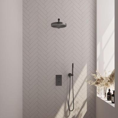 Brauer Stripe thermostatische inbouw regendouche 3-weg rechthoekig SET 13 met 25 cm douchekop en rechte muurarm en staaf handdouche en doucheslang en wandaansluitbocht gunmetal geborsteld PVD