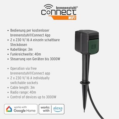 Brennenstuhl Connect slimme buitenstopcontact 2-voudig / slimme stekkerdoos voor buiten IP44 met grondspies en montageplaat