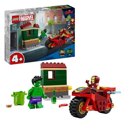 LEGO Marvel 76287 Iron Man met motorfiets en Hulk, Avengers set met minifiguren