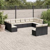 12-delige Loungeset met kussens poly rattan zwart - thumbnail