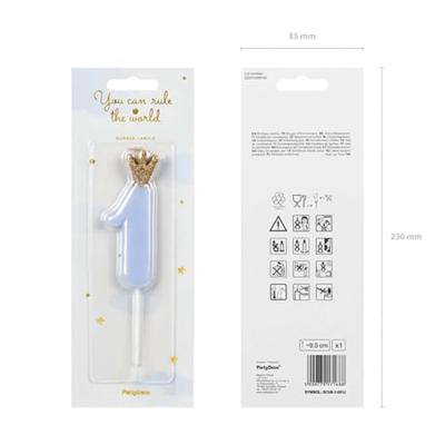 Kaarsje lichtblauw met Kroontje cijfer 1