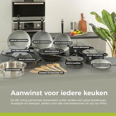 BE Living Wokpan met deksel ø 30 cm - keramische anti-aanbaklaag - PFAS-vrij - geschikt voor alle warmtebronnen - zwart