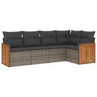 5-delige Loungeset met kussens poly rattan grijs - thumbnail