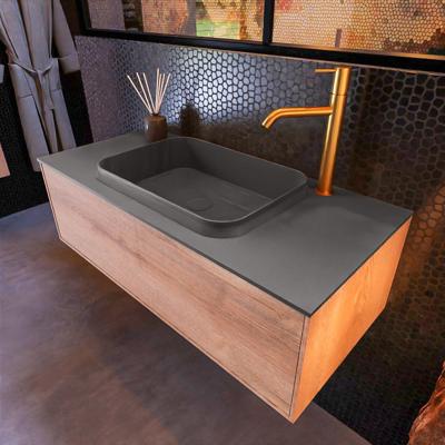 Badkamermeubelset Mondiaz Erin 100 cm met 1 Lade met RIDGE Wastafel Midden Dark grey met 1 kraangat Greeploos Mat Washed Oak