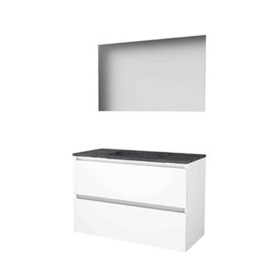 Basic-Line Ultimate 46 Badkamermeubelset - 100 x 46 cm - Greeploos - 2 Lades - Hardstenen Wastafel - Zonder Kraangat - Spiegel met Indirecte LED Verlichting - Ice White