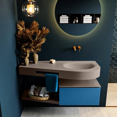 MONDIAZ RIVA 120cm badmeubel onderkast / planchet kleur Jeans met 1 lade. Wastafel DULCET rechts 0 kraangaten kleur Smoke.