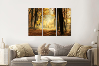 Schilderij - Pad door een mistig bos tijdens een prachtige herfst dag, 120x80cm, 3 luik - thumbnail