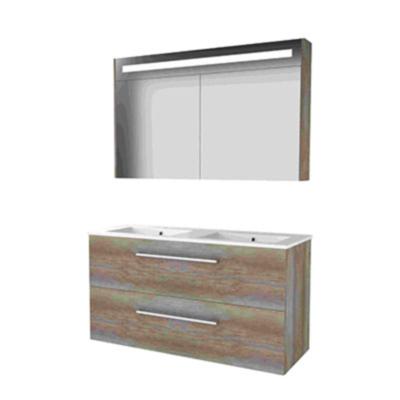 Basic-Line Premium 46 Badkamermeubelset - 120 x 46 cm - Met Grepen - 2 Lades - Keramische Wastafel - 2 Kraangaten - Spiegelkast met LED Verlichting - Scotch Oak