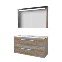 Basic-Line Premium 46 Badkamermeubelset - 120 x 46 cm - Met Grepen - 2 Lades - Keramische Wastafel - 2 Kraangaten - Spiegelkast met LED Verlichting - Scotch Oak - thumbnail