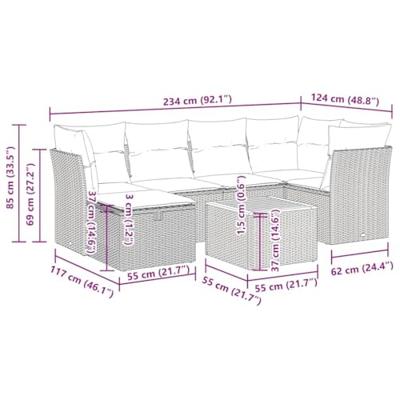 7-delige Loungeset met kussens poly rattan grijs