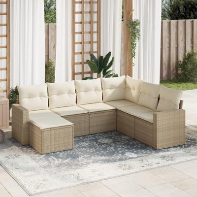 7-delige Loungeset met kussens poly rattan beige - thumbnail