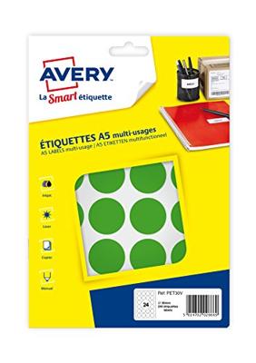 Avery PET30V ronde markeringsetiketten, diameter 30 mm, blister van 240 stuks, groen Avery PET30V ronde markeringsetiketten, diameter 30 mm, blister van 240 stuks, groen