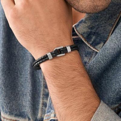 Fossil JF04202040 Armband Vintage staal-leder zwart-zilverkleurig Fossil JF04202040 Armband Vintage staal-leder zwart-zilverkleurig