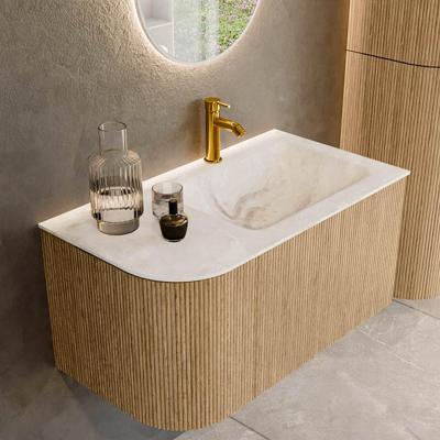 Mondiaz KURVE-DLUX 85 cm Onderkast Greeploos 1 Lade Met Deuren Oak, Wastafel Solid Surface Rechts Frappe 1 Kraangat Zonder Spiegel (KRVCLO85L1L1D1KR-Oak/Fra)