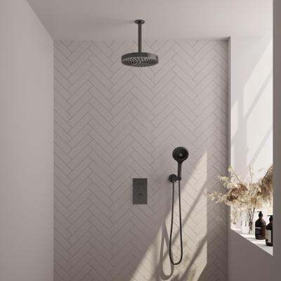 Brauer Stripe thermostatische inbouw regendouche 3-weg rechthoekig SET 18 met 25 cm douchekop en plafondarm en 3-standen handdouche en doucheslang en wandaansluitbocht gunmetal geborsteld PVD