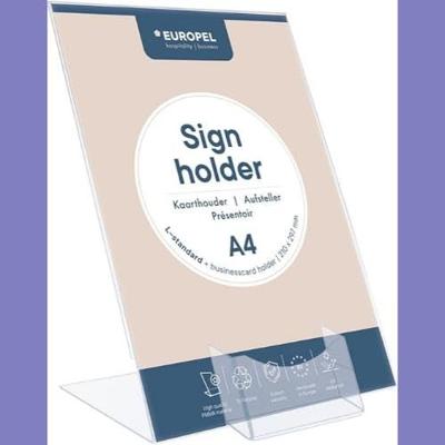Kaarthouder Europel L-standaard A4 staand acryl met visitekaartbakje