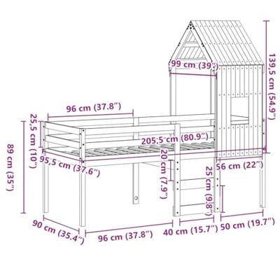 Hoogslaper met dak massief grenenhout wasbruin 90x200 cm