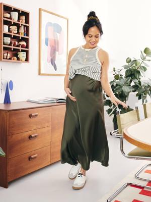 Lange zwangerschapsrok met satijnen effect kaki