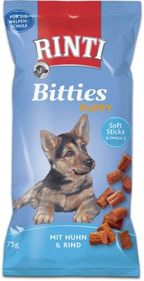 Rinti Bitties Puppy - kip & rundvlees | dubbelpak | 2 x 75 g | Aanvullend voer voor groeiende honden | Met Omega 3 voor de ontwikkeling van de hersenen | Zonder suiker en soja